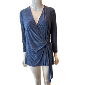 Anne Klein Women Wrap Blouse Top Polka Dots Long Sleeve Drawstring Blue Sz Large